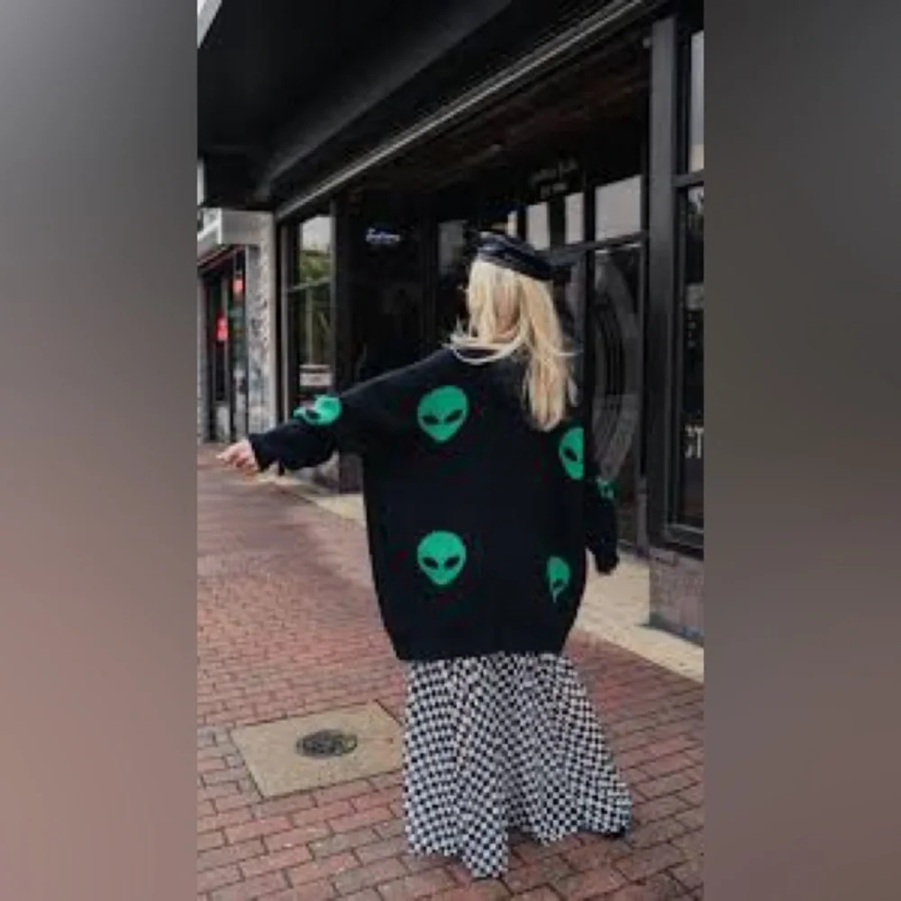 Dressed in LALA Black Cardigan with Neon Green Alien Heads - Picture 4 of 13